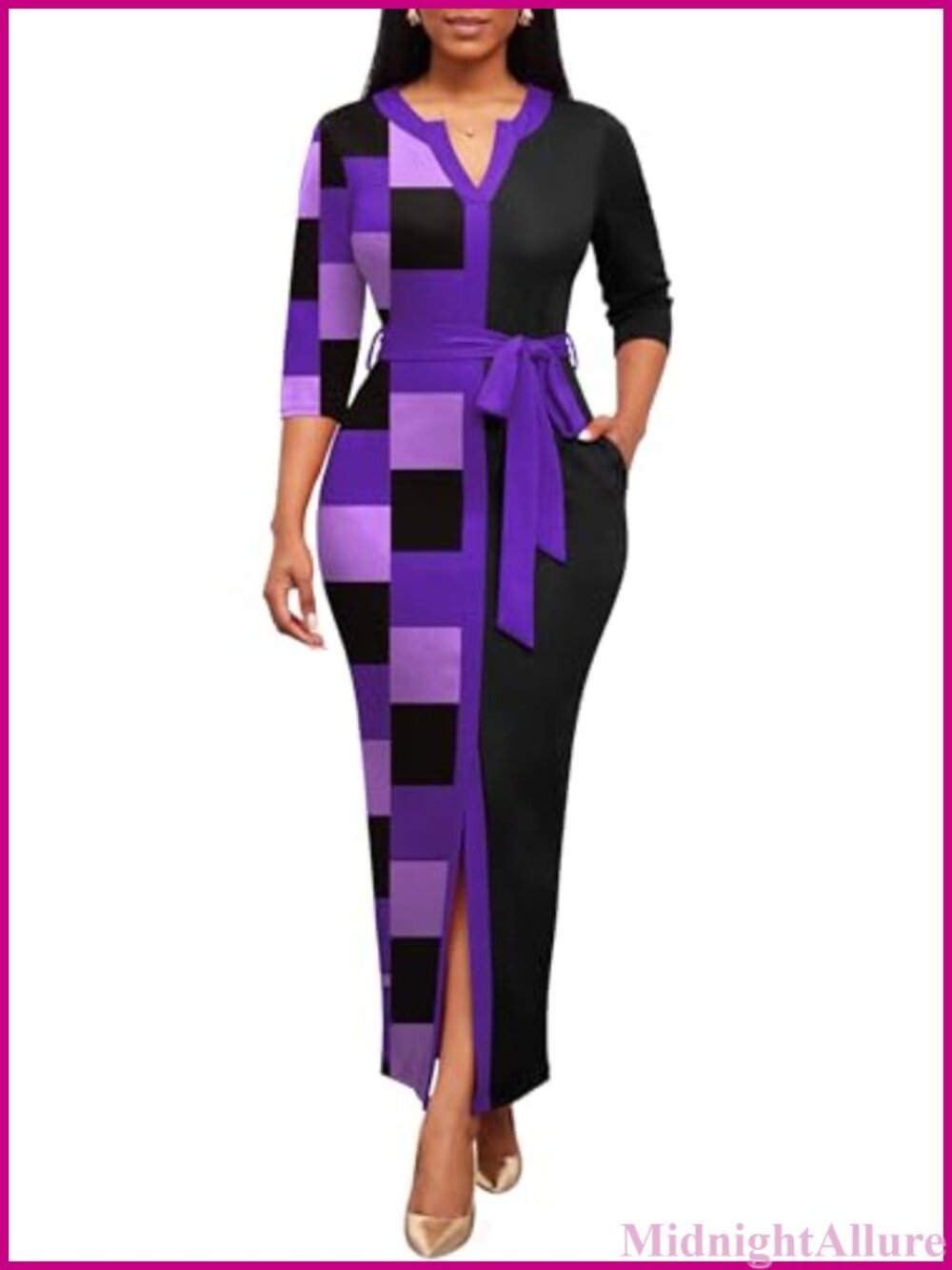 Women's Maxi Dress Bodycon V-Neck 3/4 Sleeve Front Split Church Party
